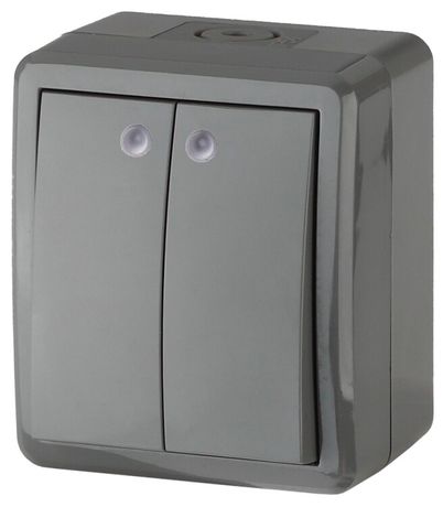 Выключатель двойной с подсветкой 11-1405-03 IP54, 10АХ-250В, ОУ, Эксперт, серый (16) |Б0020678 | ЭРА
