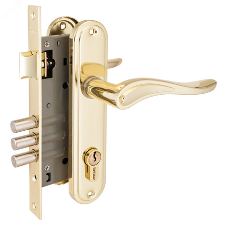 Замок врезной цилиндровый с ручками для деревянных дверей АЛЛЮР 102/3 GP латунь - 5787 ПТК