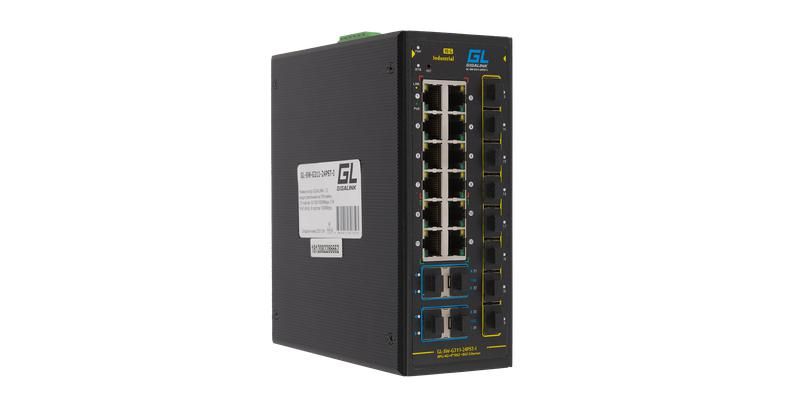 Коммутатор L3 индустриальный на DIN рейку 12х10/100/1000Мбит/с 1-8 PoE af/at 8х1000Мбит/с SFP 4х10Gbps SFP+1 консольный RJ-45 питание 48В 480Вт поставляется отдельно GIGALINK GL-SW-G311-24PST-I