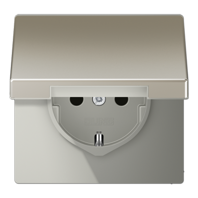 Штепсельная розетка SCHUKO одинарная, с заземлением, шторками, откидной крышкой, 16A, 250В (механизм + накладка, без рамки). Серия LS990 Материал- металл Цвет- благородная сталь - ES1520KIKL JUNG