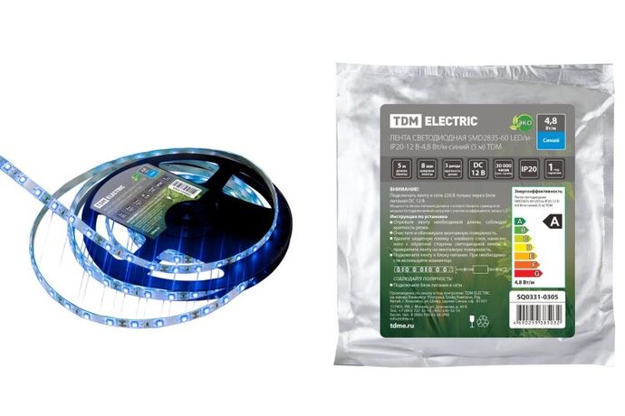 Лента светодиодная SMD2835-60 LED/м-IP20-12 В-4,8 Вт/м-синий (5 м) | SQ0331-0305 TDM