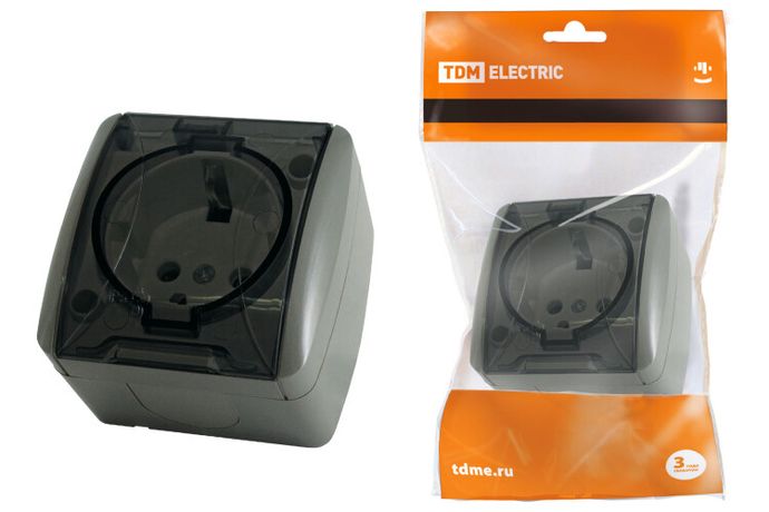 Розетка 2П+3 открытой установки IP54 16А с прозрачной крышкой серая "Селигер" | SQ1818-0107 TDM