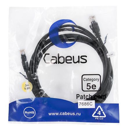 Патч-корд PC-UTP-RJ45-Cat.5e-3m-BK U/UTP, категория 5е, 2xRJ45/8p8c, неэкранированный, черный, PVC, 3м - 7686c Cabeus
