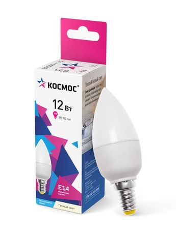 Лампа светодиодная LED 12Вт Свеча 220В Е14 D37х110 3000К теплый 1070 лм - LkecLED12wCNE1430 Космос