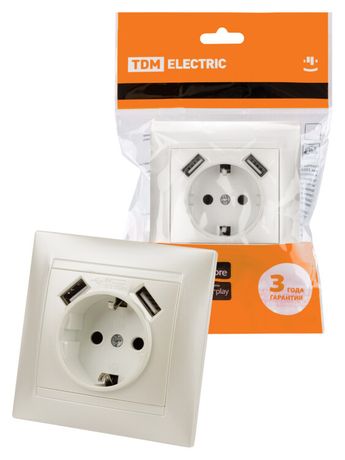 Розетка 2П+З 16А 250В + 2 USB порта 2,1А 5В перламутр "Лама" | SQ1815-0842 TDM