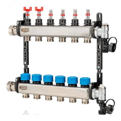 Коллектор из нержавеющей стали, регулируемый расходомер, воздухоотводчик, дренаж и клапан заполнения, 1” - 3 x 3/4” UFH-0605MDSS03 Henco