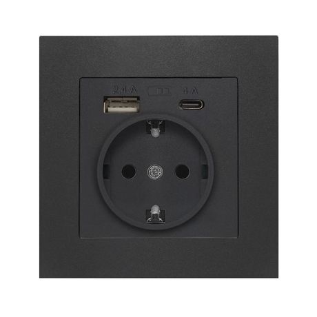 Розетка СП Афина 16А с заземл. 2-мя заряд. устр. USB 5В тип А(2.4А)+С(4А) в сборе графит Universal А0056-Gr Союз