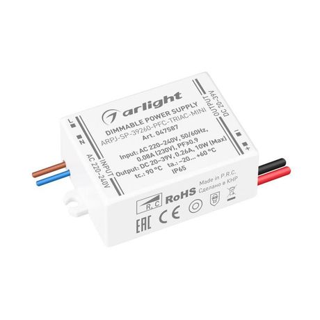 Блок питания ARPJ-SP-39260-PFC-TRIAC-MINI (10W, 20-39V, 260mA) (Arlight, IP65 Пластик, 5 лет) - 047587