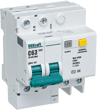 Выключатель автоматический дифференциального тока 2п C 60А 30мА тип AC 4.5кА ДИФ-101 6мод. DEKraft 15009DEK APC