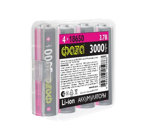 Аккумулятор 18650 3.7В Li-Ion 3000мА.ч без платы защиты PB-4 (уп.4шт) ФАZА 5059863 ФАЗА