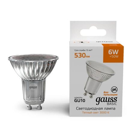 Лампа светодиодная LED 6 Вт 530 лм 3000К AC180-240В GU10 софит MR16 теплая Basic Gauss - 10106162