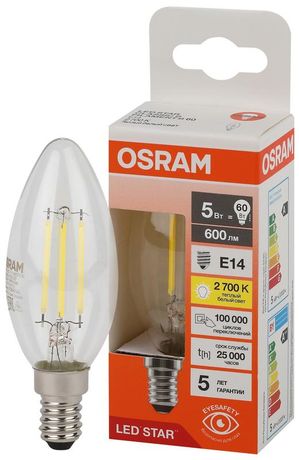 Лампа светодиодная филаментная LSCLB60 5W/827 230VFILCL 5Вт 2700К тепл. бел. E14 600лм B угол пучка 300град. 220-240В (замена 60Вт) прозр. стекло OSRAM 4058075684577