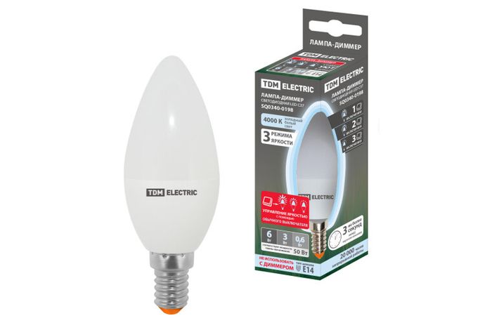Лампа светодиодная С37-6 Вт-230 В-4000 К–E14 "-ДИММЕР" | SQ0340-0198 TDM