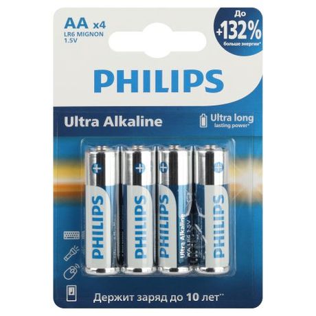 Элемент питания алкалиновый AA/LR6 1.5В Ultra (уп.4шт) Philips Б0062694 PHILIPS Элементы питания арт. Б0062694