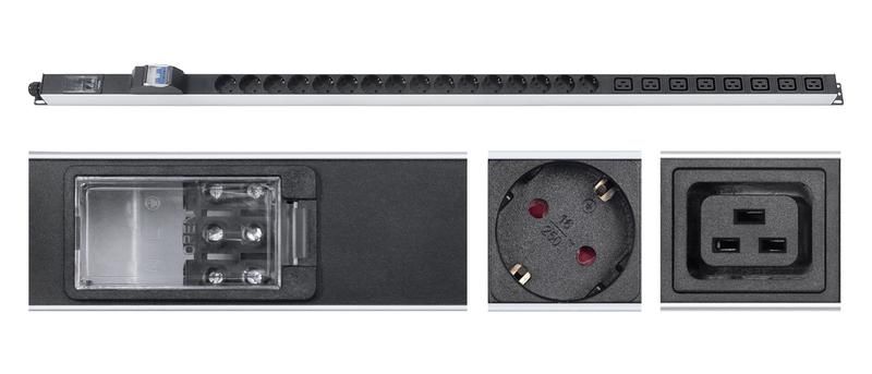 Блок розеток для 19дюйм шкафов PDU-32-16S-8C19-B-T вертик. 16 Schuko 8 IEC 320 C19 32А автомат защиты алюм. корпус клем. колодка Cabeus 9545c