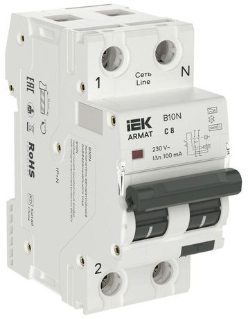 Выключатель автоматический дифференциального тока 2п (1P+NP) C 8 100мА тип A АВДТ B10N 36мм ARMAT IEK AR-B10N-1N-C008A100