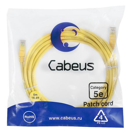 Патч-корд PC-UTP-RJ45-Cat.5e-5m-YL U/UTP, категория 5е, 2xRJ45/8p8c, неэкранированный, желтый, PVC, 5м - 7688c Cabeus
