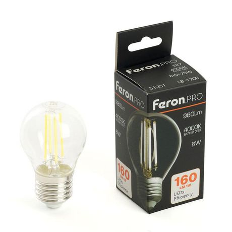 Лампа светодиодная LED 6вт Е27 белый шар FILAMENT .PRO - 51251 FERON