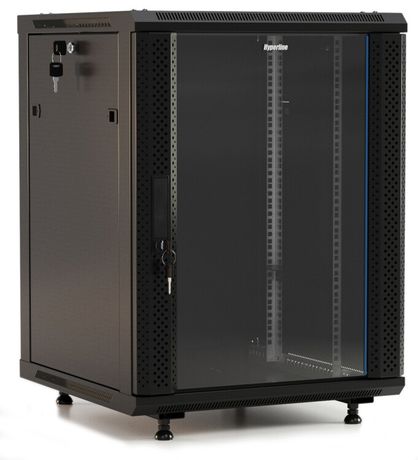 Шкаф настенный 19-дюймовый 22U 1086x600х450мм стеклянная дверь с перфорацией по бокам ручка замком возможностью установки на ножки черный (RAL 9004) (разобранный) - TWB-FC-2245-GP-RAL9004 Hyperline 395578