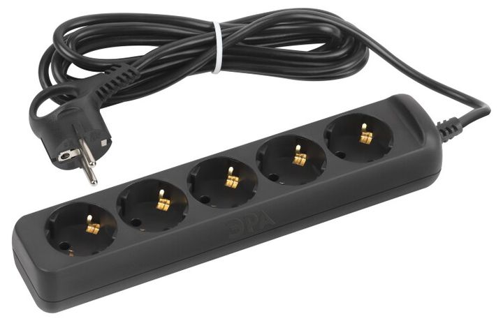 Удлинитель электрический UX-5e-3m-B с заземлением 5 розеток 3 м ПВС 3х0,75мм2 10А черный | Б0057725 ЭРА