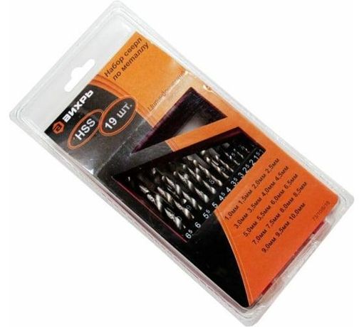 Набор сверл по металлу,1-10мм (через 0,5мм),HSS, 19шт.,металл.коробка,цилиндрический хвостовик | 73/10/6/18 ВИХРЬ