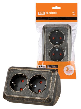 Розетка угловая двойная 2П+3 открытой установки с з/ш IP20 250В 16А бронза "Ладога" | SQ1801-0290 TDM