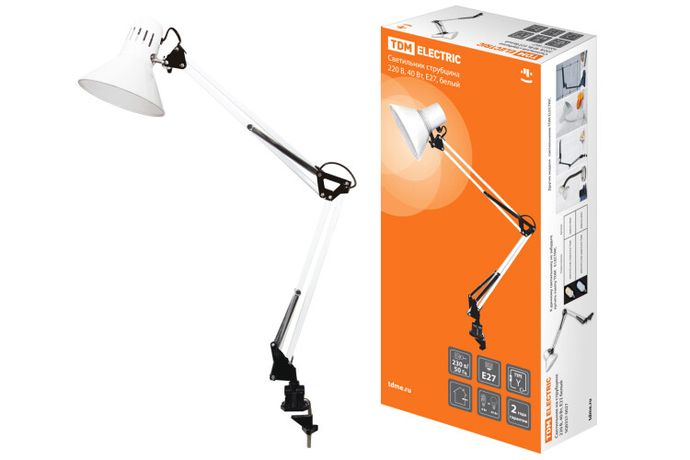 Светильник настольный струбцина 40Вт ЛН Е27 белый | SQ0337-0027 TDM