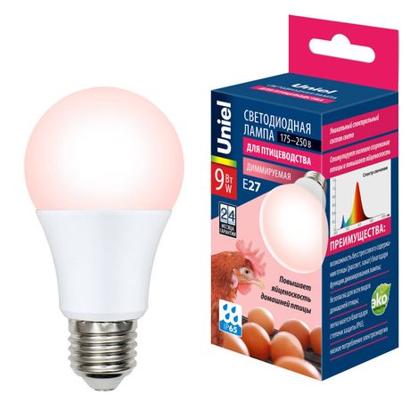 Лампа светодиодная LED-A60-9W/SCEP/E27/FR/DIM IP65 PLO65WH LED диммируемая для птиц. Спектр яйценоскости | UL-00003189 Uniel