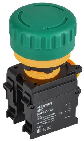 Кнопка Грибок поворот. с фикс. 1NO+1NC зелёная MASTER IEK - MI-BG60-11ZS-3-23-K06