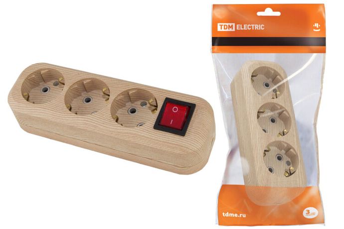 Колодка розеточная 3 гнезда 2П+3 с выключателем16А 250В "Эко" (сосна) | SQ1806-0049 TDM