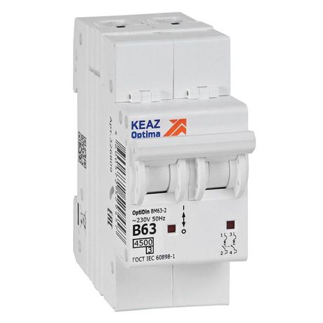 Выключатель автоматический двухполюсный 63А B 4,5кА AC OptiDin BM63-2B63-4,5-УХЛ3 - 329516 КЭАЗ