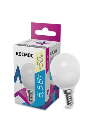 Лампа светодиодная LED 6.5Вт Шар 220В Е14 D45х82 3000К теплый 520 лм - LkecLED6.5wGL45E1430 Космос