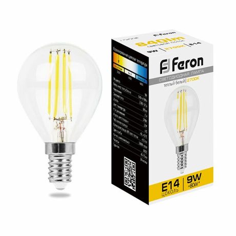 Лампа светодиодная LB-509 (9W) 230V E14 2700K филамент G45 прозрачная | 38001 FERON