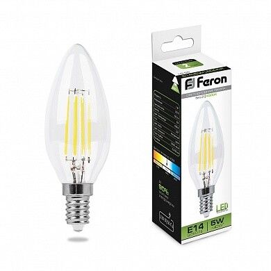 Лампа светодиодная LB-58 (5W) 230V E14 4000K филамент C35 прозрачная | 25573 FERON