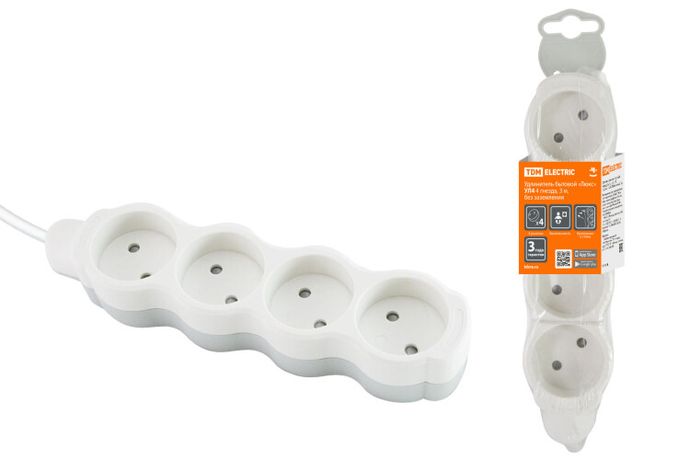 Удлинитель бытовой "Люкс" УЛ4 4 гнезда, 3м, б/з, с з/ш, ПВС 2х0,75 мм2 10А/250В бело-серый | SQ1303-0227 TDM