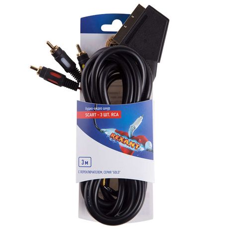 Шнур SCART - 3RCA с переключателем 3м (GOLD) блист. Rexant 06-3071 MEET