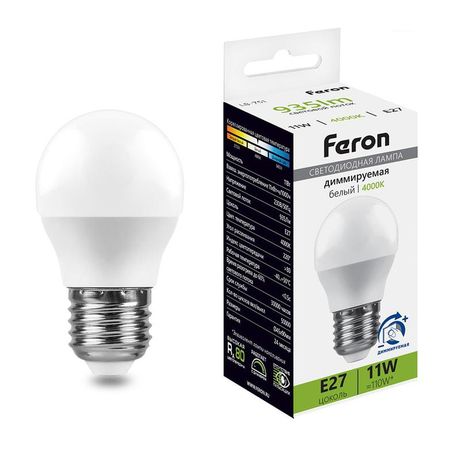 Лампа светодиодная диммируемая, (11W) 230V E27 4000K G45, LB-751 | 51059 FERON