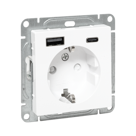 Механизм розетки с USB-A+С - 2шт, 16А, заземлением, со шторками, белый Эпика | UP1-SOW-111-USBA+USBC EKF