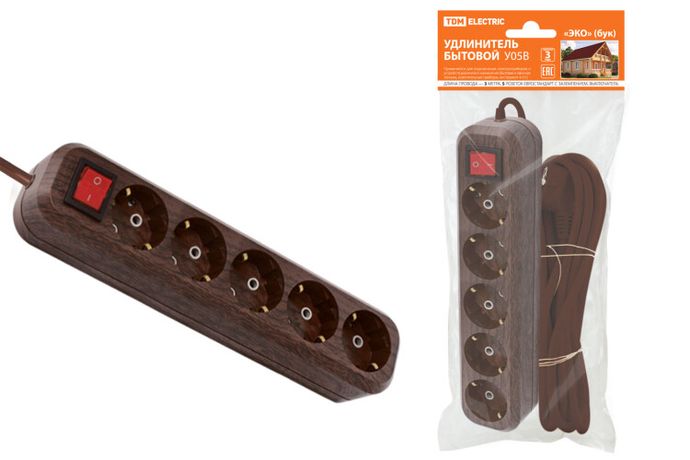 Удлинитель бытовой У05В выключатель, 5 гнезд, 3метра,2П+3, ПВС 3х1мм2 "Эко" (бук) 16А/250В | SQ1303-3121 TDM