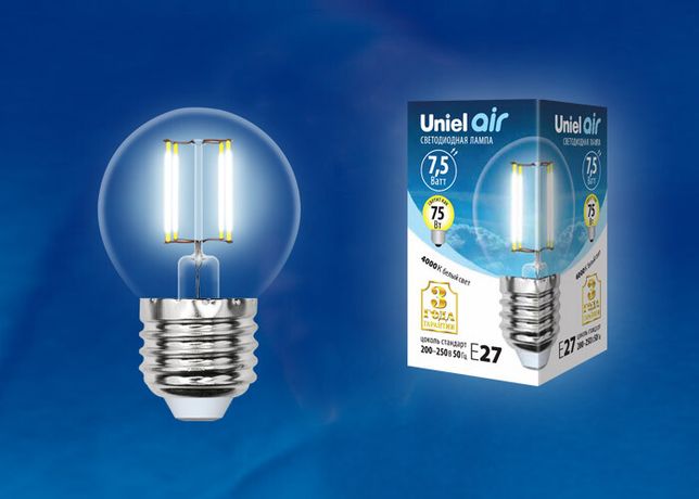 Лампа светодиодная LED-G45-7,5W/NW/E27/CL GLA01TR LED. "шар", прозр серия Air. 4000K | UL-00003255 Uniel