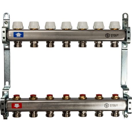 Блок коллекторный с ручными регулировочными клапанами 1' х 7 выходов 3/4' НР евроконус - SMS 0922 000007 STOUT RG008P0S9PN2HE