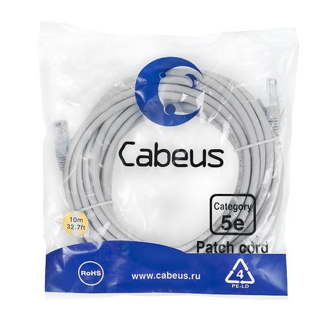 Патч-корд PC-UTP-RJ45-Cat.5e-10m-LSZH U/UTP, категория 5е, 2xRJ45/8p8c, неэкранированный, серый, LSZH, 10м - 9591c Cabeus