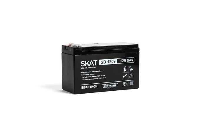 Аккумулятор SKAT SB 1209 свинцово-кислотный тип AGM 12V 9Ач Iзар. 2,7 А, ножевые клеммы - 2540 Бастион