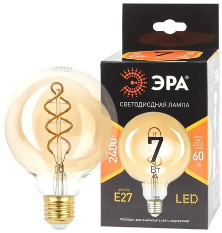 Лампа светодиодная филаментная F-LED G95-7W-824-E27 spiral gold (филамент, шар спир зол, 7Вт, тепл, E27) (20/560) ЭРА - Б0047663