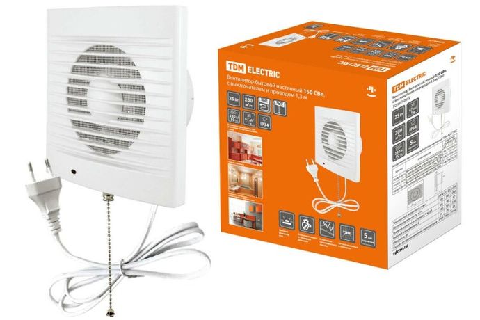 Вентилятор бытовой настенный 150 СВп, с выключателем и проводом 1,3 м, | SQ1807-0015 TDM