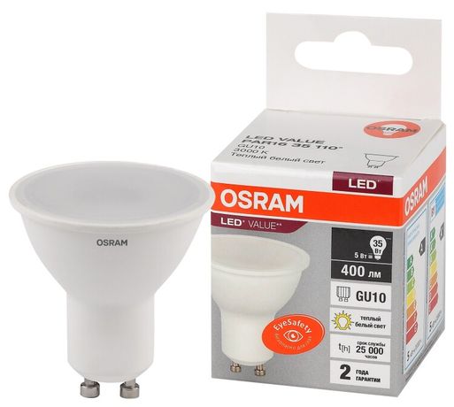 Лампа светодиодная LED 5 Вт GU10 3000К 400Лм спот 220 В (замена 35Вт) OSRAM - 4058075581333