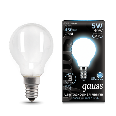 Лампа светодиодная филаментная LED 5 Вт 450 лм 4100К AC150-265В E14 шар P45 нейтральный матовая колба Black Filament Gauss - 105201205
