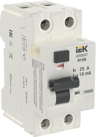 Выключатель дифференциальный (УЗО) R10N 2P 25А 10мА тип AC ARMAT | AR-R10N-2-025C010 IEK