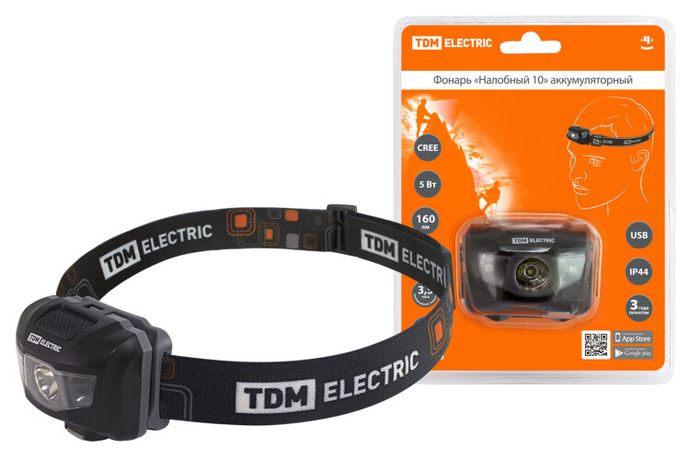 Фонарь «Налобный 10» аккумуляторный, 5 Вт 1 светодиод CREE, Li-Ion 3,7 В 0,6 А*ч, USB, сенсор, | SQ0350-0062 TDM