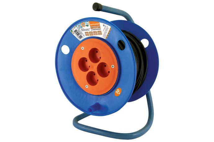 Удлинитель на катушке силовой народный 4 гнезда ПВС 1300 Вт без заземления, 30м - SQ1307-0502 TDM